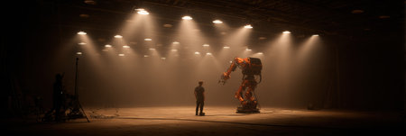 In a spacious industrial area, a person stands before a large robotic figure under soft lighting, exploring the relationship between technology and humanity.の素材