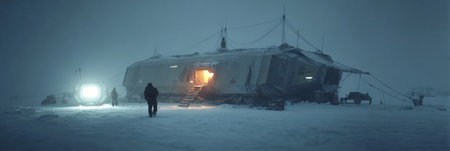 In a snow-covered scene, a research station stands illuminated against the dark night sky, while explorers navigate the harsh winter weather.の素材