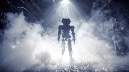 A silhouetted robot is positioned in a fog-filled space illuminated by a strong overhead light, showing advanced technology and mystery.の素材