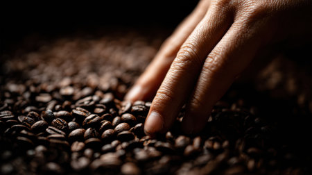 Close-up view of a hand touching roasted coffee beans on a dark surface, highlighting the rich texture and natural colors in a warm coffee atmosphere.の素材