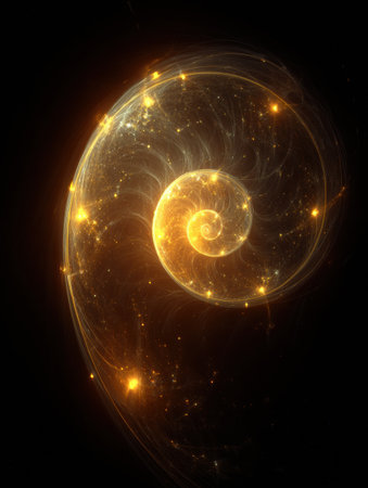 A mesmerizing golden spiral emerges against a dark background, twinkling stars accentuating its shape and creating a cosmic ambiance.の素材