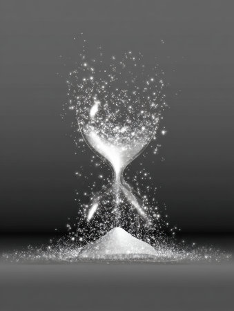 Sparkling sand pours from the top of a clear hourglass, creating a mesmerizing effect against a simple, dark background, symbolizing the passage of time.の素材