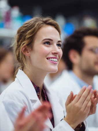 A scientist smiles and claps hands while attending a presentation in a busy laboratory filled with engaged colleagues in white lab coats.の素材
