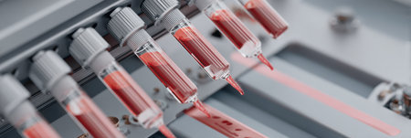 Tubes filled with red liquid are neatly placed in a laboratory setup, showing the precision of scientific testing and research processes at a facility.の素材