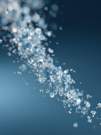 Water droplets are captured in mid-air, sparkling under light against a deep blue background, creating a captivating visual effect of motion and clarity.の素材