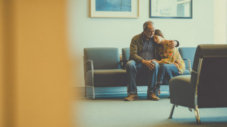 In a waiting room, a man and woman sit together, visibly sharing a moment of comfort and support. The atmosphere is calm and intimate.の素材