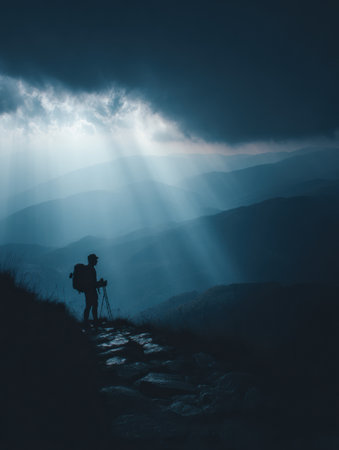 A hiker stands on a rocky path, capturing the dramatic scenery as light beams filter through the clouds in a tranquil mountain setting during twilight.の素材