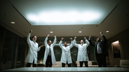 Healthcare professionals cheer with excitement, raising their fists in celebration in a sleek and modern office environment during a successful evening event.の素材