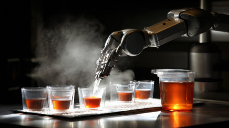 A robotic arm carefully pours steaming tea into glasses in a bright kitchen. The activity highlights the blend of technology and daily life during tea time.の素材