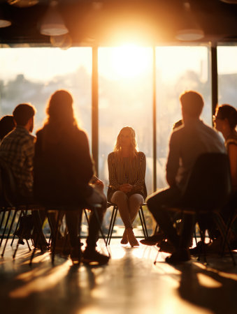 A woman stands in the center of a bright room, addressing a group seated around her as the sun sets, creating a warm and engaging atmosphere.の素材