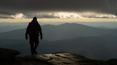 Silhouette of a hiker standing on a rocky edge, gazing at the expansive mountain range under thick clouds during sunset. A serene and contemplative moment.の素材