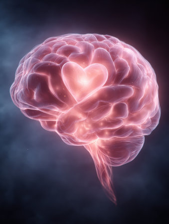 A soft pink brain with a heart at its core against a mystical backdrop, evoking deep thought and emotion.の素材