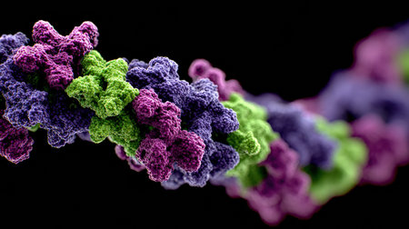 Display of intricately structured molecular strands in vibrant colors, illustrating the complexity of DNAs composition and functionality.の素材