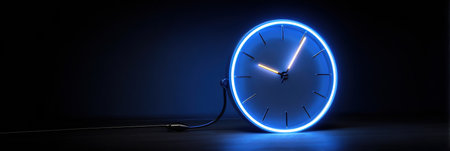 A striking neon clock is positioned against a dark background, showing vibrant blue light that highlights its modern design and unique features.の素材
