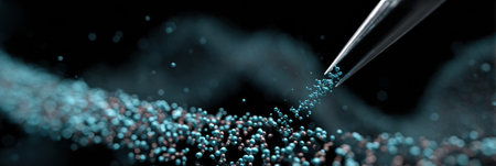 A nozzle releases tiny particles into the air, creating a mesmerizing display of colors and textures against a dark background, forming a dynamic visual scene.の素材