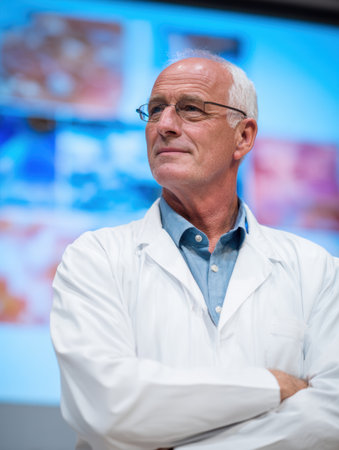 A confident scientist stands with arms crossed, presenting research findings in a conference setting, surrounded by vibrant visuals on the screen behind.の素材