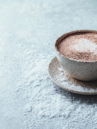 A warm cup of cocoa sits on a light surface lightly dusted with cocoa powder, showing a cozy and inviting drink experience.の素材