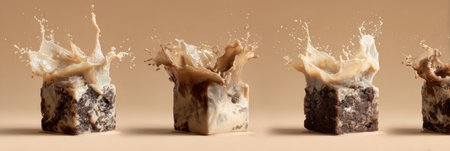 Four cubes of ice cream collide with coffee, creating splashes and interesting textures, highlighting artistic food presentation and flavor contrast.の素材