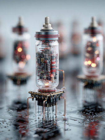 Glowing vacuum tubes on a reflective surface showcase the blend of classic technology and modern design.の素材
