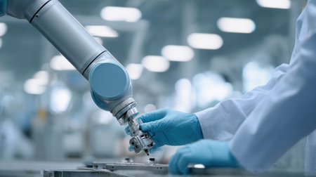 Robotic arm carefully assembles components in a clean and organized manufacturing environment, showcasing advanced automation technology in action.の素材