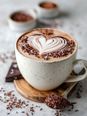 Hot chocolate served in a cream-colored mug features a heart design made with cream and chocolate sprinkles, accompanied by chocolate pieces in a warm setting.の素材