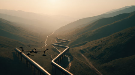 A winding pipeline follows the contours of a mountain landscape under a soft golden light. A river flows alongside while a drone captures the view from above.の素材