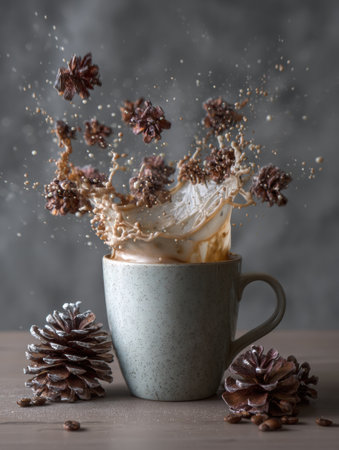 A cup filled with coffee splashes as pinecones surround it on a wooden table, creating a cozy atmosphere indicative of autumn daysの素材