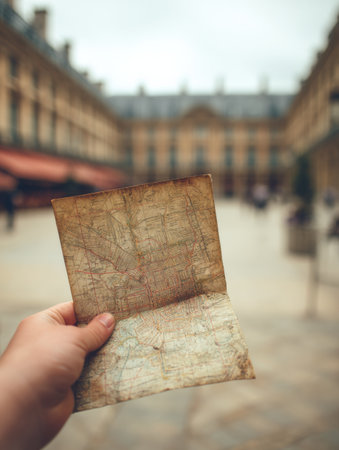 A hand holds an old map, set against a bustling European square filled with architecture and people enjoying the atmosphere.の素材