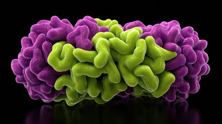 Vibrant purple and green microscopic structures are displayed in a dark background, illustrating the complexity and beauty of cellular forms at high detail.の素材