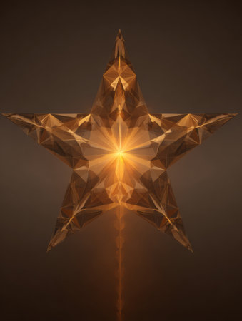 A golden star made of reflective facets glows brilliantly against a dark backdrop, highlighting its stunning geometric shapes and intricate details.の素材