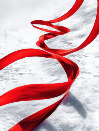 Curving red ribbons weave through a blanket of snow, highlighting the vibrant color against the cold, white scenery in a captivating winter setting.の素材