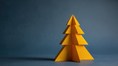 A stylish yellow paper tree stands alone on a smooth surface, creating a contrast with a dark background for a clean, modern appearance.の素材