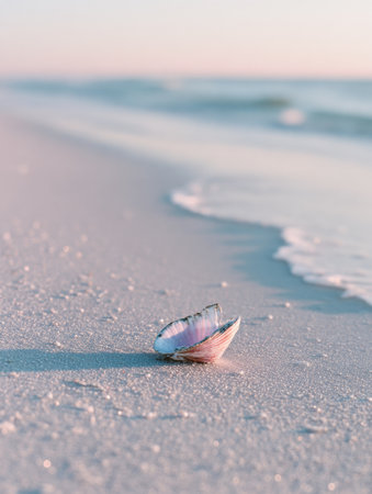 A seashell lies half-buried in the soft sand, with soft waves lapping at its edges during a serene evening by the beach.の素材
