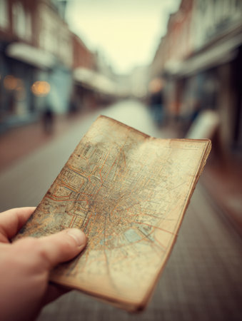 Holding a worn vintage map while strolling along a quaint, empty street filled with charming shops under an overcast skyの素材