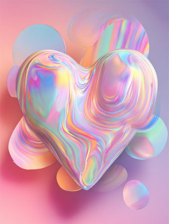 A shiny heart-shaped sculpture displays a vibrant spectrum of colors with smooth curves, surrounded by soft orbs against a pastel backdrop.の素材