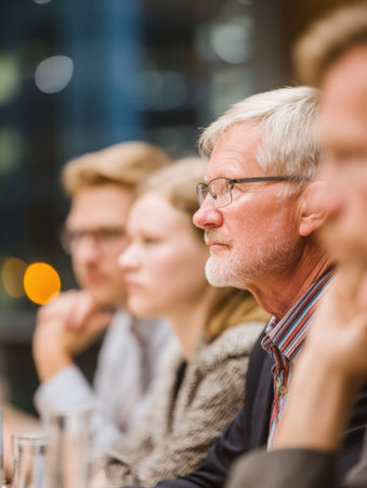 Individuals seated at a conference table listen intently as speakers share ideas and insights, highlighting active participation and engagement.の素材