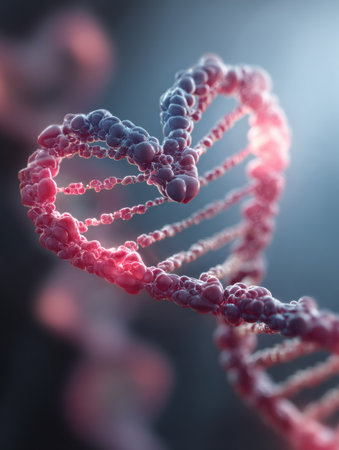 A detailed and colorful illustration of a heart-shaped DNA strand symbolizes the connection between love and genetics, highlighted by soft lighting.の素材