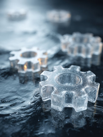Crystal-clear ice gears are arranged artistically on a smooth, dark surface, showing their intricate designs and reflective properties.の素材