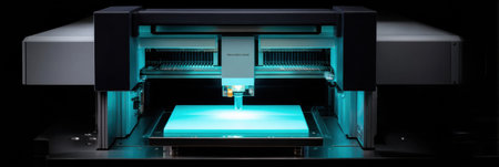 A high-tech 3D printer is busy creating a vibrant turquoise object on a lit platform in a dimly lit setting, highlighting its innovative design.の素材
