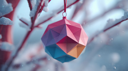 A vibrant geometric ornament dangles from a frosted branch, capturing the essence of winter with its bright colors against the snowy backdrop.の素材