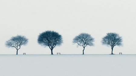 Four bare trees stand in a row beside empty benches against a calm gray background, evoking a tranquil early morning atmosphere.の素材