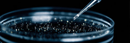 A pipette gently releases droplets into a petri dish that contains shimmering particles, creating a visually striking effect against a dark background.の素材