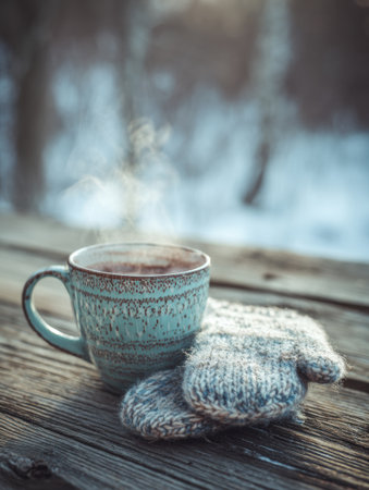 A steaming cup of cocoa sits beside a pair of knitted mittens on a rustic wooden table amidst a frosty winter landscape. Sunlight filters through trees.の素材