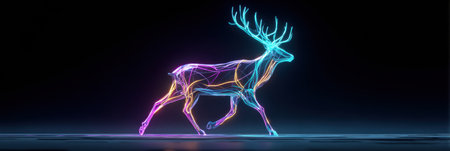 A stylized deer figure walks in a dark setting, illuminated by vibrant neon light trails, showing an artistic fusion of nature and technology.の素材