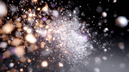 Bright particles burst into a vibrant array of colors against a dark backdrop, forming a stunning visual effect that captivates the viewers attention.の素材