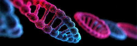 Dynamic view of 3D DNA helices in vivid blue and pink colors, illustrating their complex structure in a scientific visualization set against a black backdrop.の素材