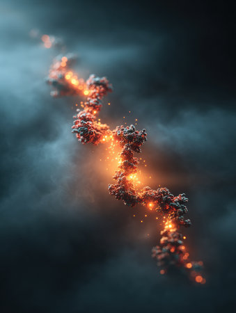 A vibrant gas cloud glows in space, its bright elements creating a stunning contrast against dark swirling fog.の素材