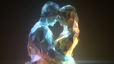 This artwork features a couple in an intimate embrace, created using colorful low-poly design. The shapes and colors symbolize emotion and connection.の素材