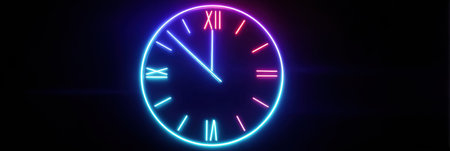 Bright neon clock with Roman numerals shows the time in a captivating display, set against a dark backdrop, creating a striking visual contrastの素材