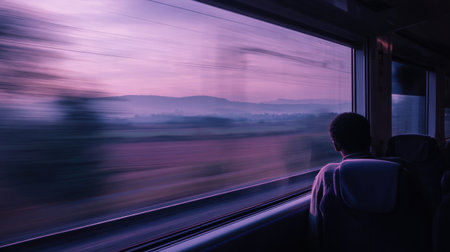 A traveler gazes out the window of a train as vibrant purple hues fill the sky, creating a tranquil atmosphere during sunset.の素材